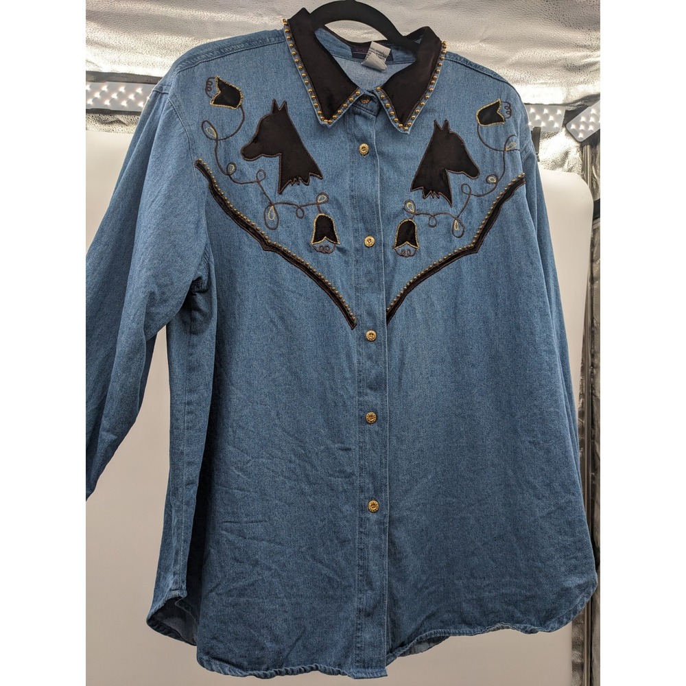 Vintage 90s CST Blues Embroidered Western Denim Shirt 1X Horse Cowgirlcore